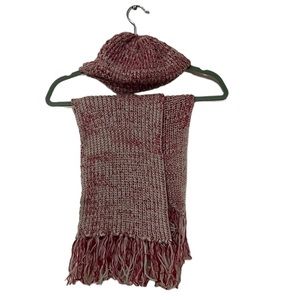 Red & Off White Fringe Scarf & Beanie Set